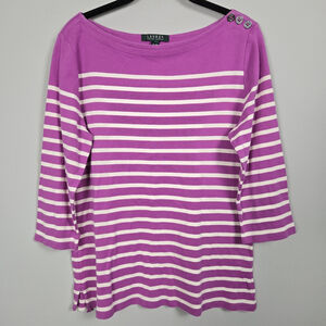 Lauren Ralph Lauren Womens Boat Neck Striped Top XL Purple Nautical 3/4 Sleeve